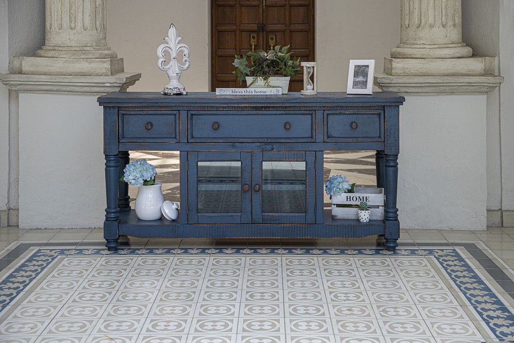 Blue Mango Solid Wood Open Shelving Distressed TV Stand - 70-inch