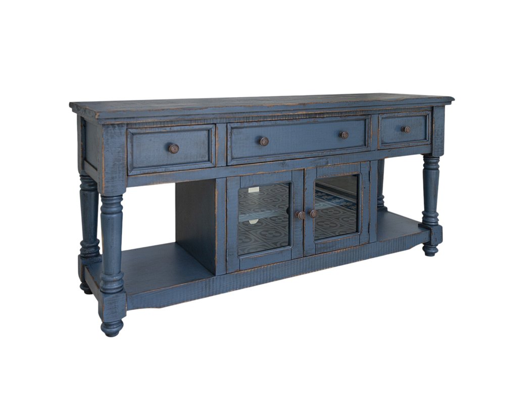 Blue Mango Solid Wood Open Shelving Distressed TV Stand - 70-inch