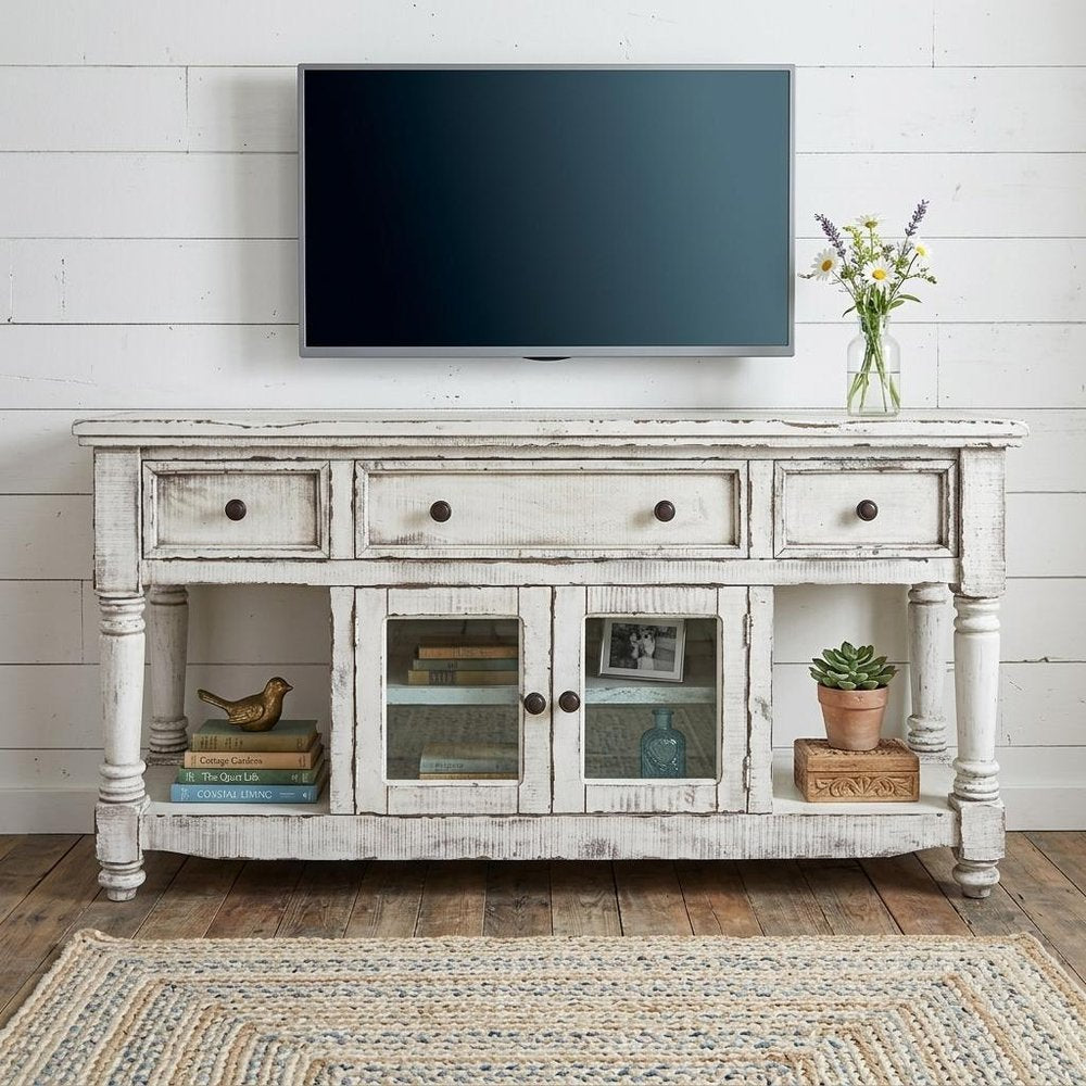 White Solid Wood Open Shelving Distressed TV Stand - 70-inch