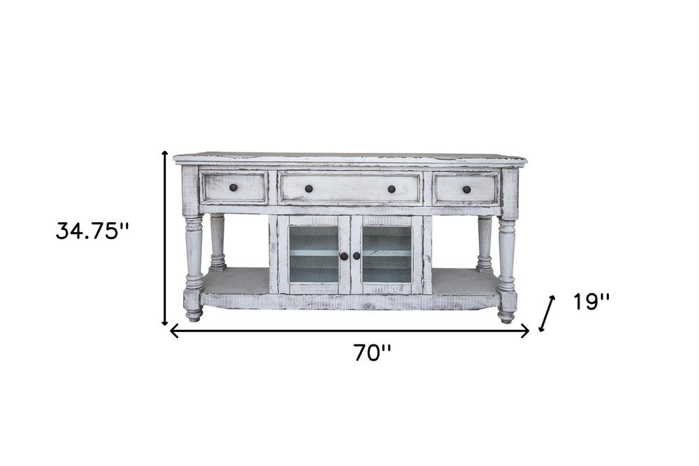 White Solid Wood Open Shelving Distressed TV Stand - 70-inch