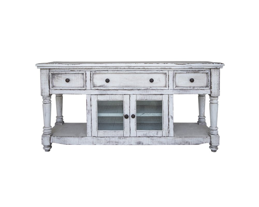 White Solid Wood Open Shelving Distressed TV Stand - 70-inch
