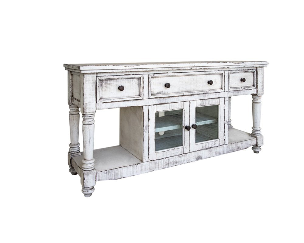 White Solid Wood Open Shelving Distressed TV Stand - 70-inch