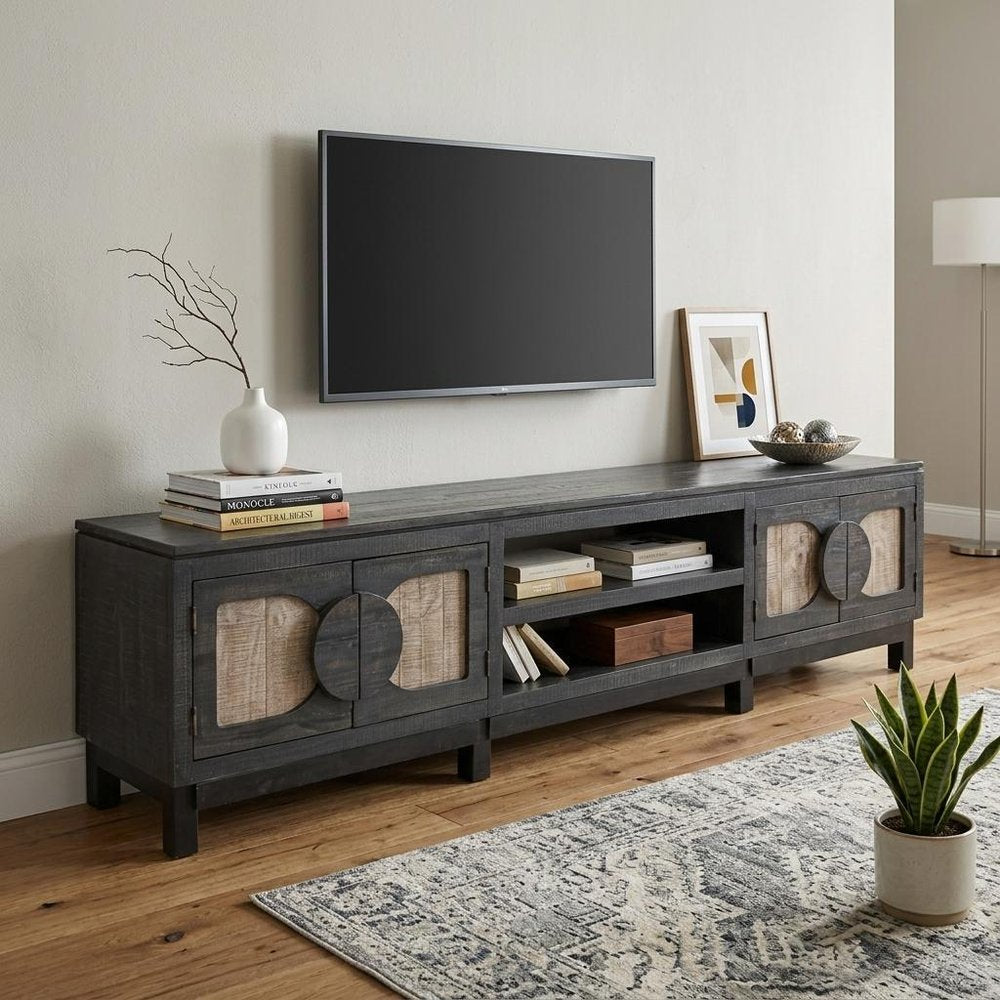 Black Solid Wood Cabinet Enclosed Storage Distressed TV Stand