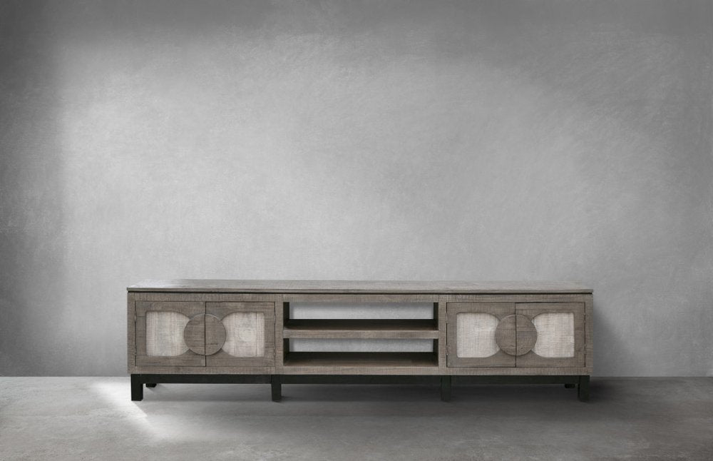 Gray Solid Wood Cabinet Enclosed Storage Distressed TV Stand - 93-inch