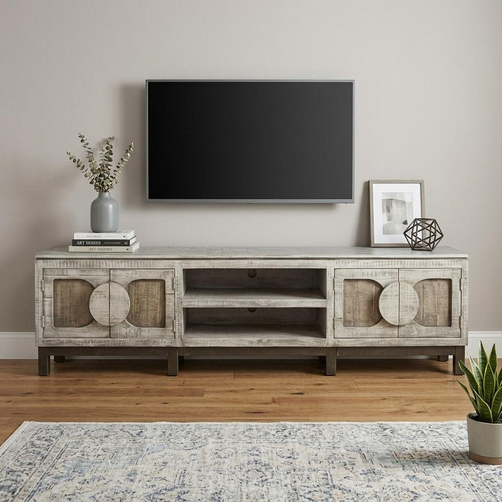 White Solid Wood Cabinet Enclosed Storage Distressed TV Stand