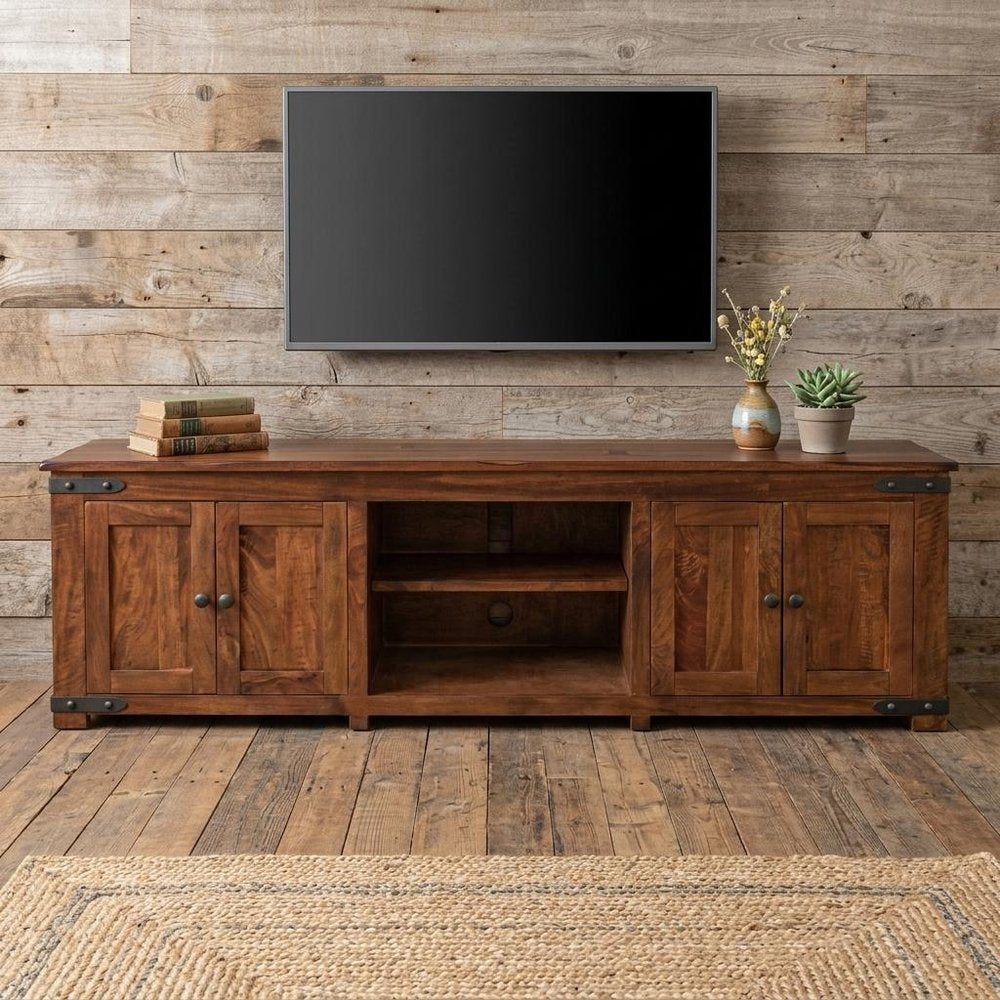 Brown Solid Wood Cabinet Enclosed Storage Distressed TV Stand