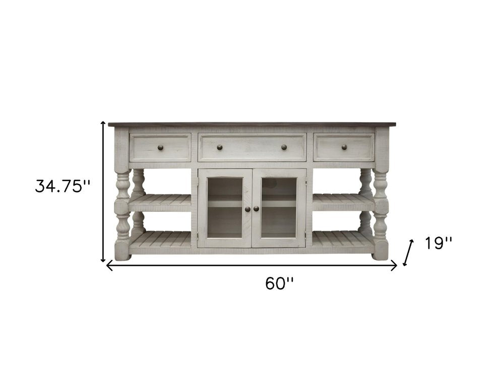 Ivory Solid Wood Open Shelving Distressed TV Stand - 60-inch