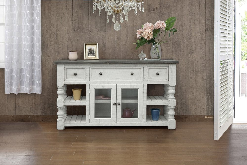 Ivory Solid Wood Open Shelving Distressed TV Stand - 60-inch