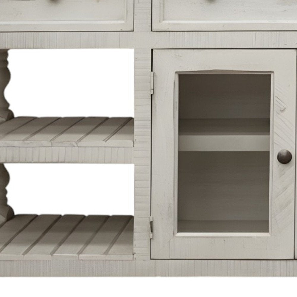 Ivory Solid Wood Open Shelving Distressed TV Stand - 60-inch