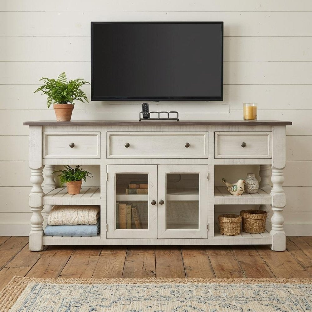 Ivory Solid Wood Open Shelving Distressed TV Stand - 60-inch