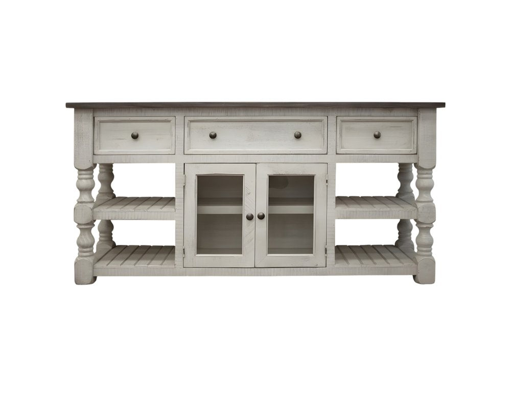 Ivory Solid Wood Open Shelving Distressed TV Stand - 60-inch