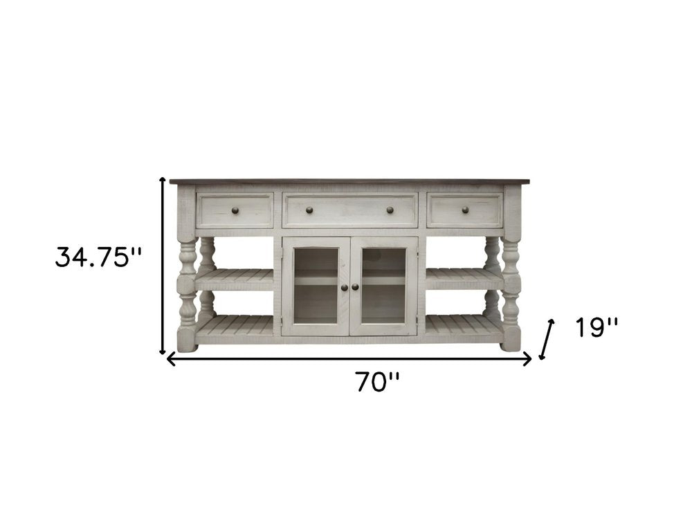 Ivory Solid Wood Open Shelving Distressed TV Stand - 70-inch
