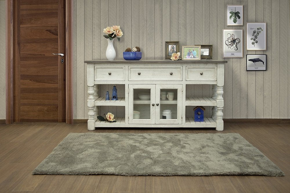 Ivory Solid Wood Open Shelving Distressed TV Stand - 70-inch