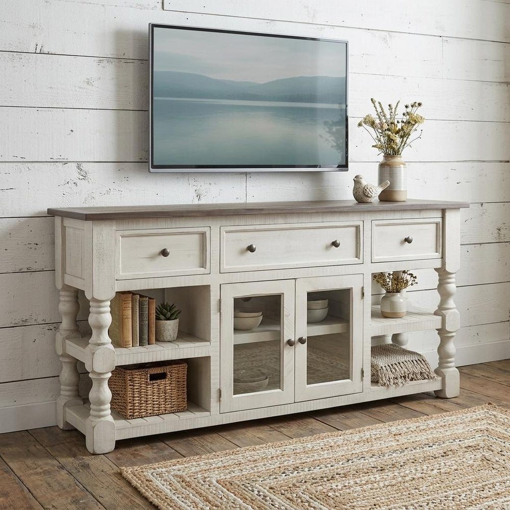 Ivory Solid Wood Open Shelving Distressed TV Stand - 70-inch