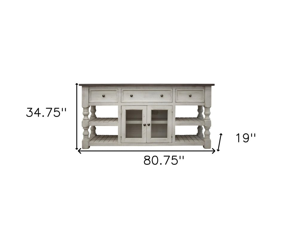 Ivory Solid Wood Open Shelving Distressed TV Stand - 81-inch