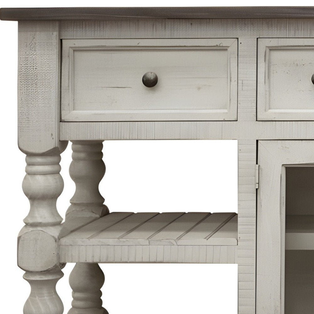 Ivory Solid Wood Open Shelving Distressed TV Stand - 81-inch