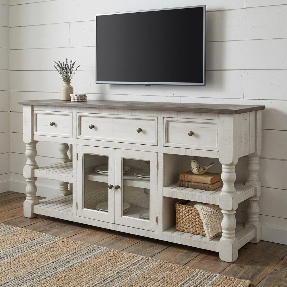 Ivory Solid Wood Open Shelving Distressed TV Stand - 81-inch