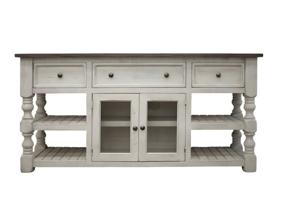 Ivory Solid Wood Open Shelving Distressed TV Stand - 81-inch
