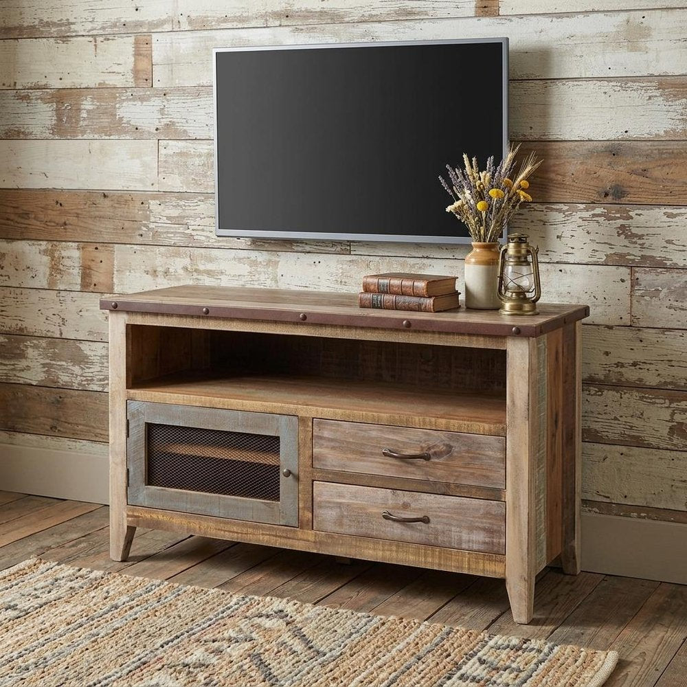 Brown Solid Wood Cabinet Enclosed Storage Distressed TV Stand