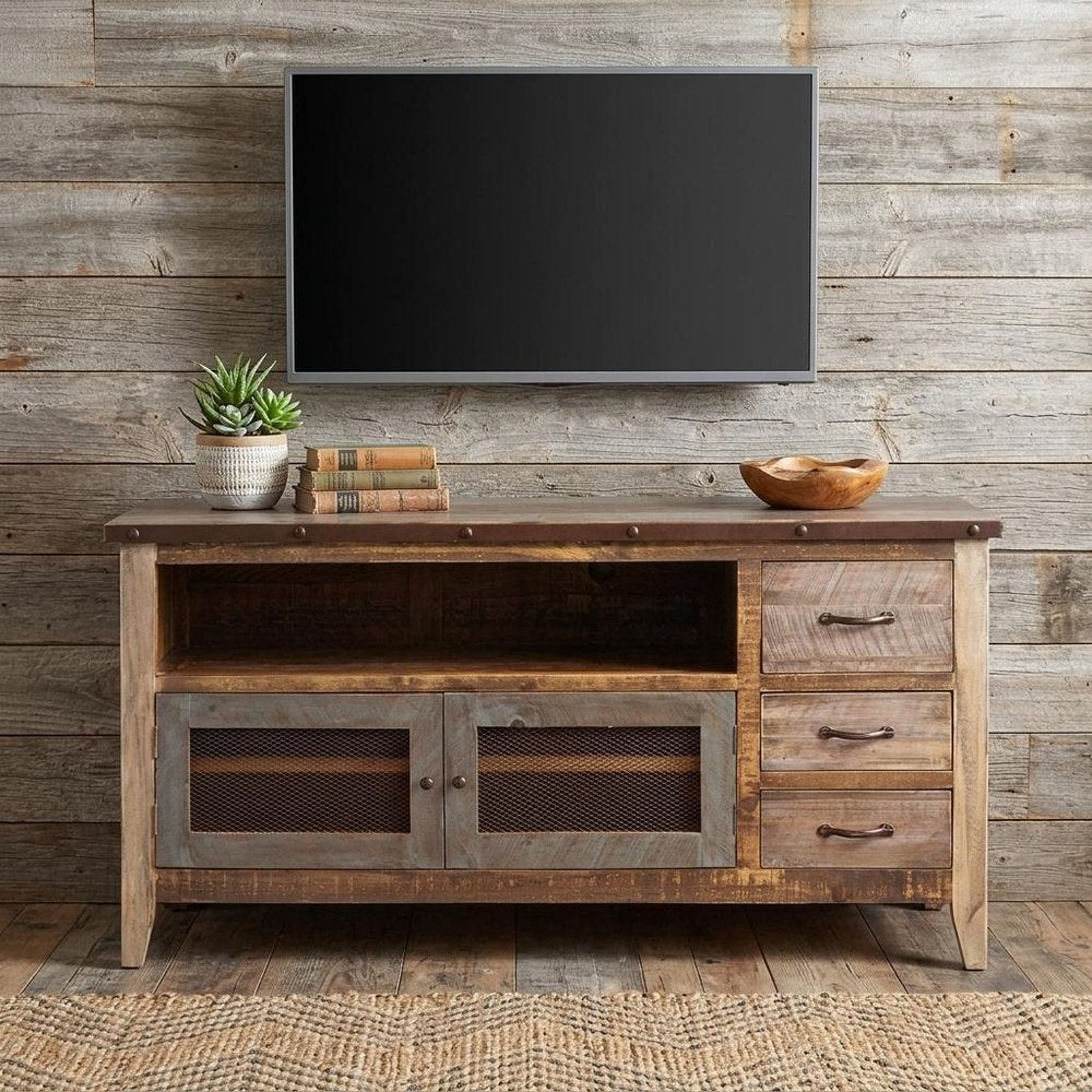 Brown Solid Wood Cabinet Enclosed Storage Distressed TV Stand