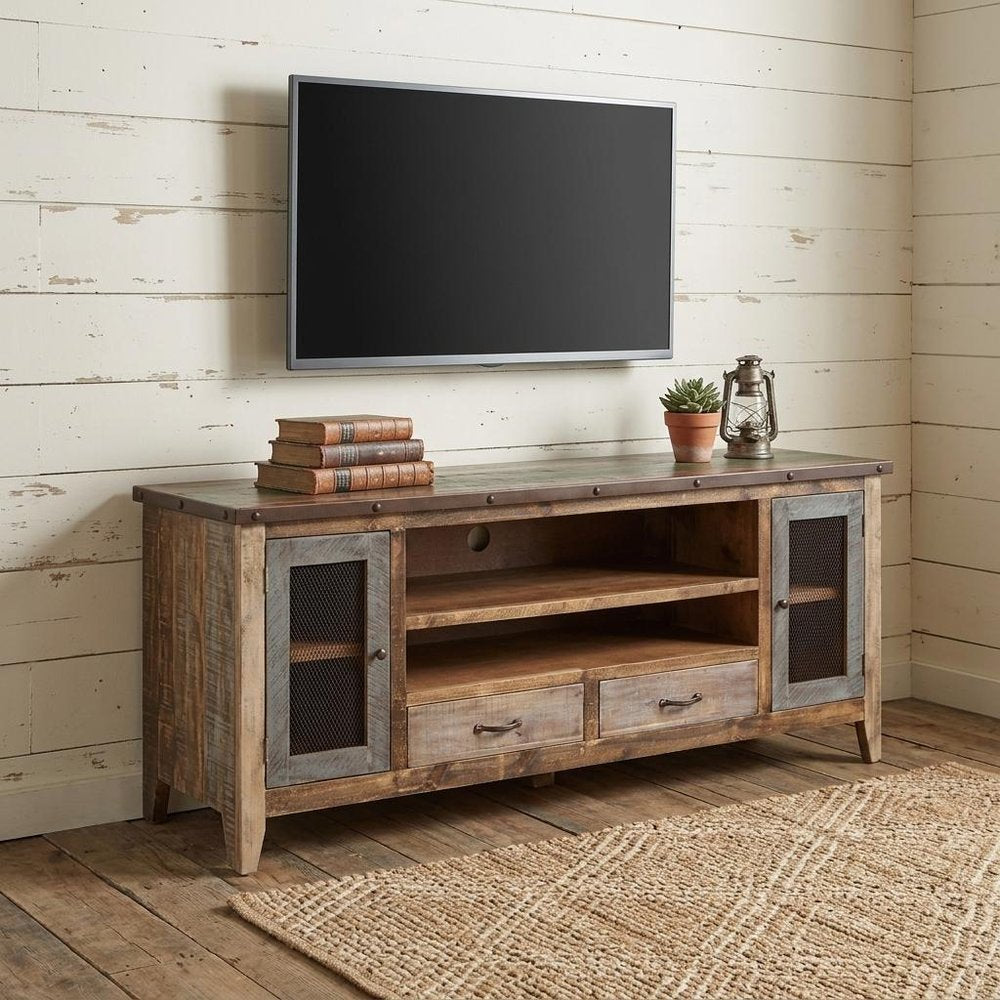 Brown Solid Wood Cabinet Enclosed Storage Distressed TV Stand
