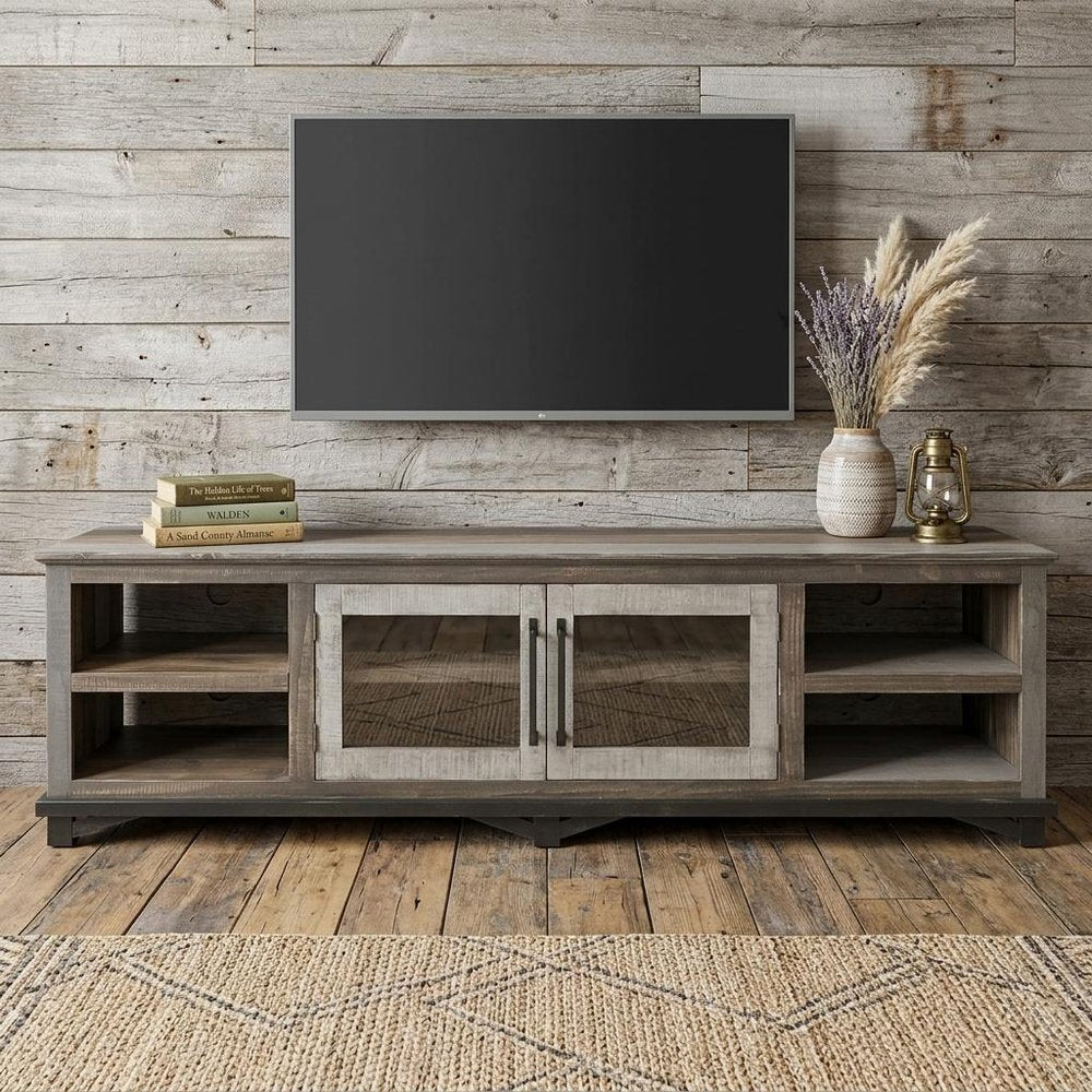 Brown Solid Wood Cabinet Enclosed Storage Distressed TV Stand