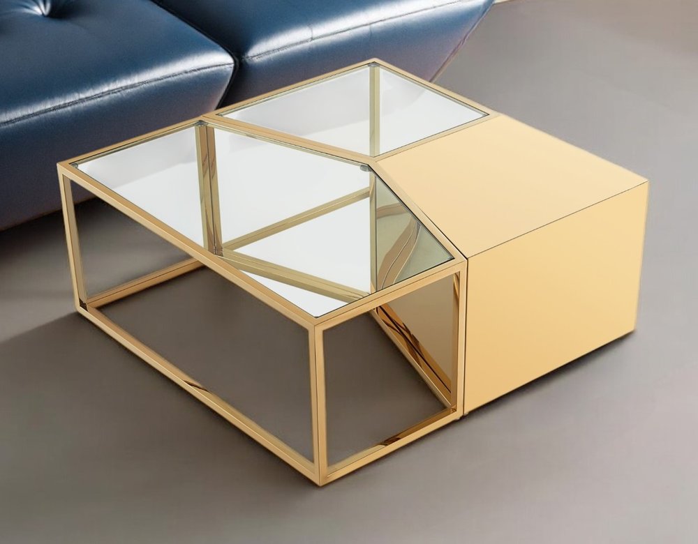 Set of Three 37 Clear and Gold Glass and Stainless Steel Square Mirrored Bunching Coffee Tables