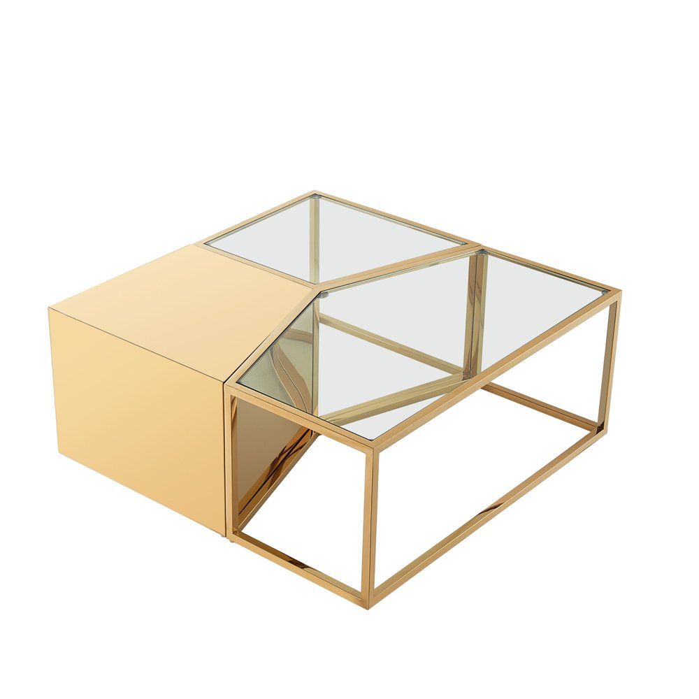 Set of Three 37 Clear and Gold Glass and Stainless Steel Square Mirrored Bunching Coffee Tables