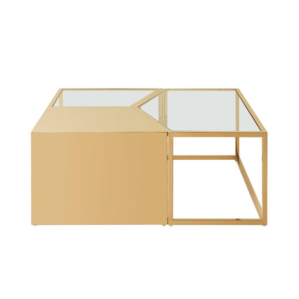 Set of Three 37 Clear and Gold Glass and Stainless Steel Square Mirrored Bunching Coffee Tables