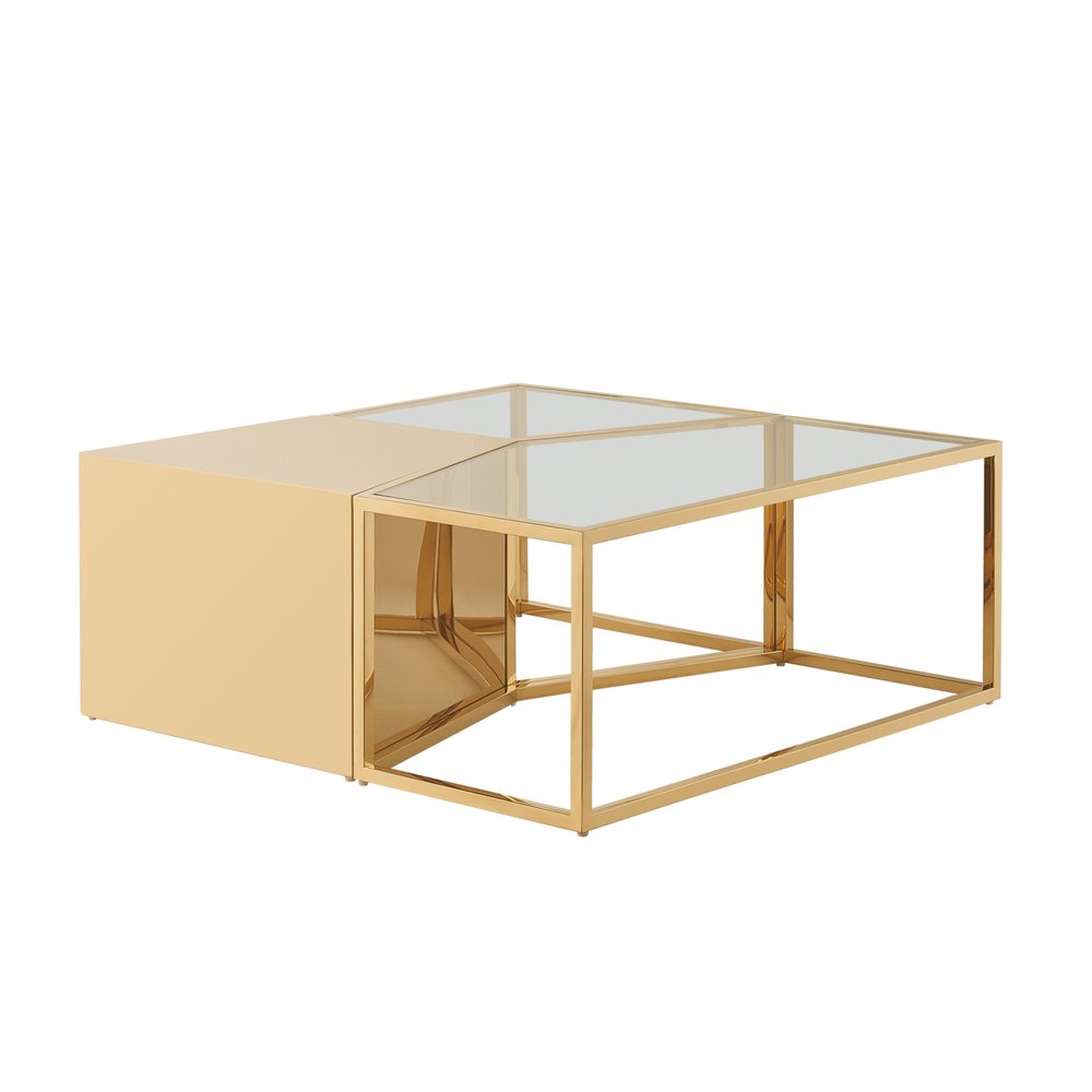 Set of Three 37 Clear and Gold Glass and Stainless Steel Square Mirrored Bunching Coffee Tables