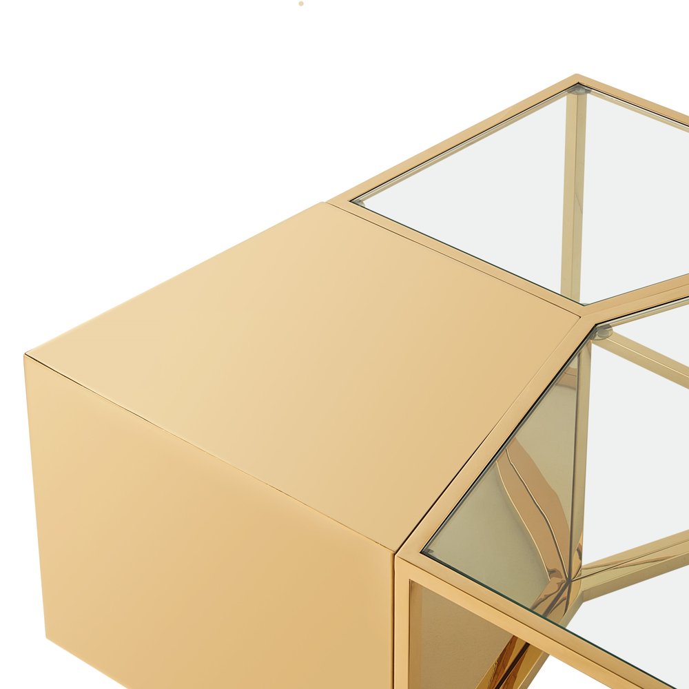 Set of Three 37 Clear and Gold Glass and Stainless Steel Square Mirrored Bunching Coffee Tables