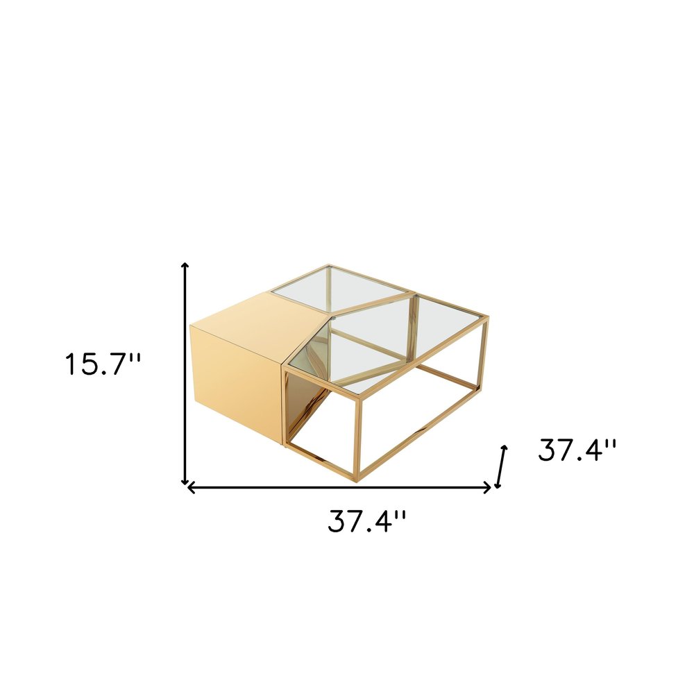 Set of Three 37 Clear and Gold Glass and Stainless Steel Square Mirrored Bunching Coffee Tables