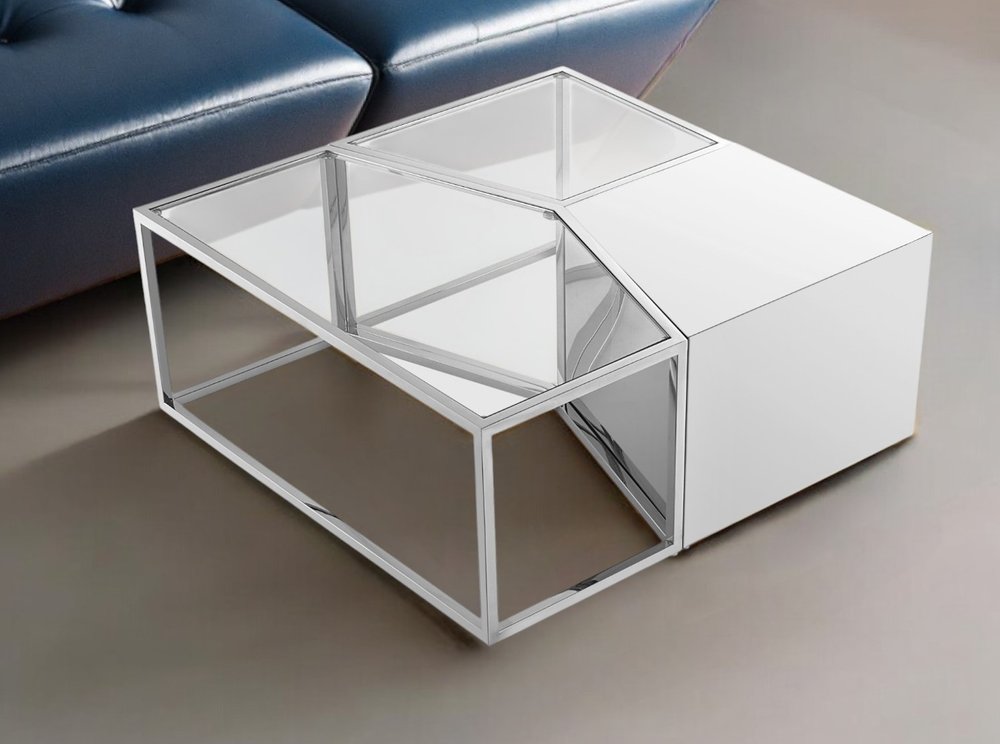 Set of Three 37 Clear and Gold Glass and Stainless Steel Square Mirrored Bunching Coffee Tables