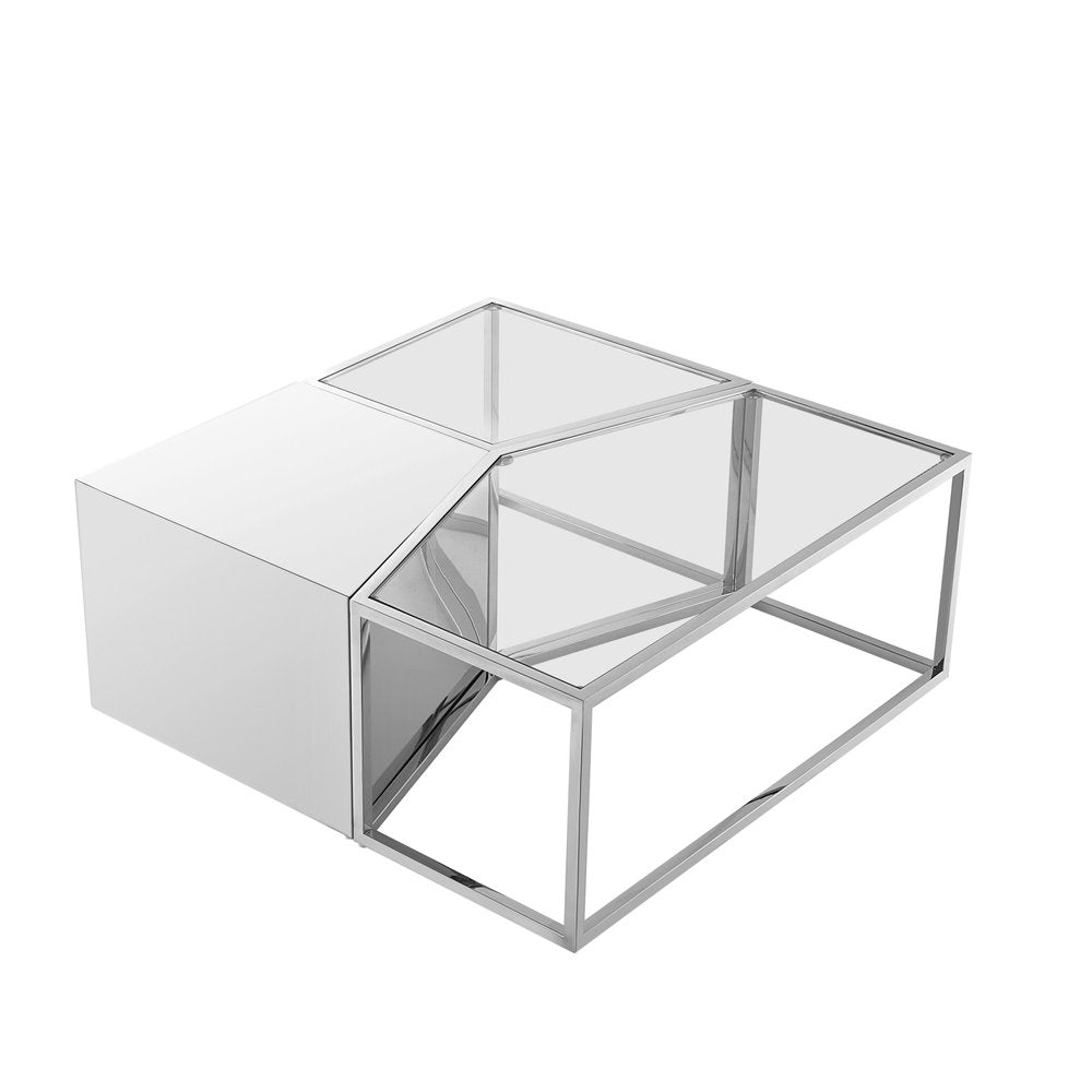 Set of Three 37 Clear and Gold Glass and Stainless Steel Square Mirrored Bunching Coffee Tables