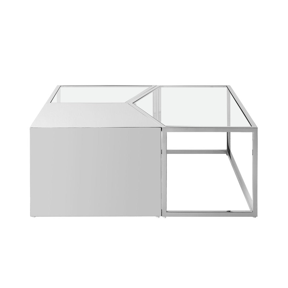 Set of Three 37 Clear and Gold Glass and Stainless Steel Square Mirrored Bunching Coffee Tables