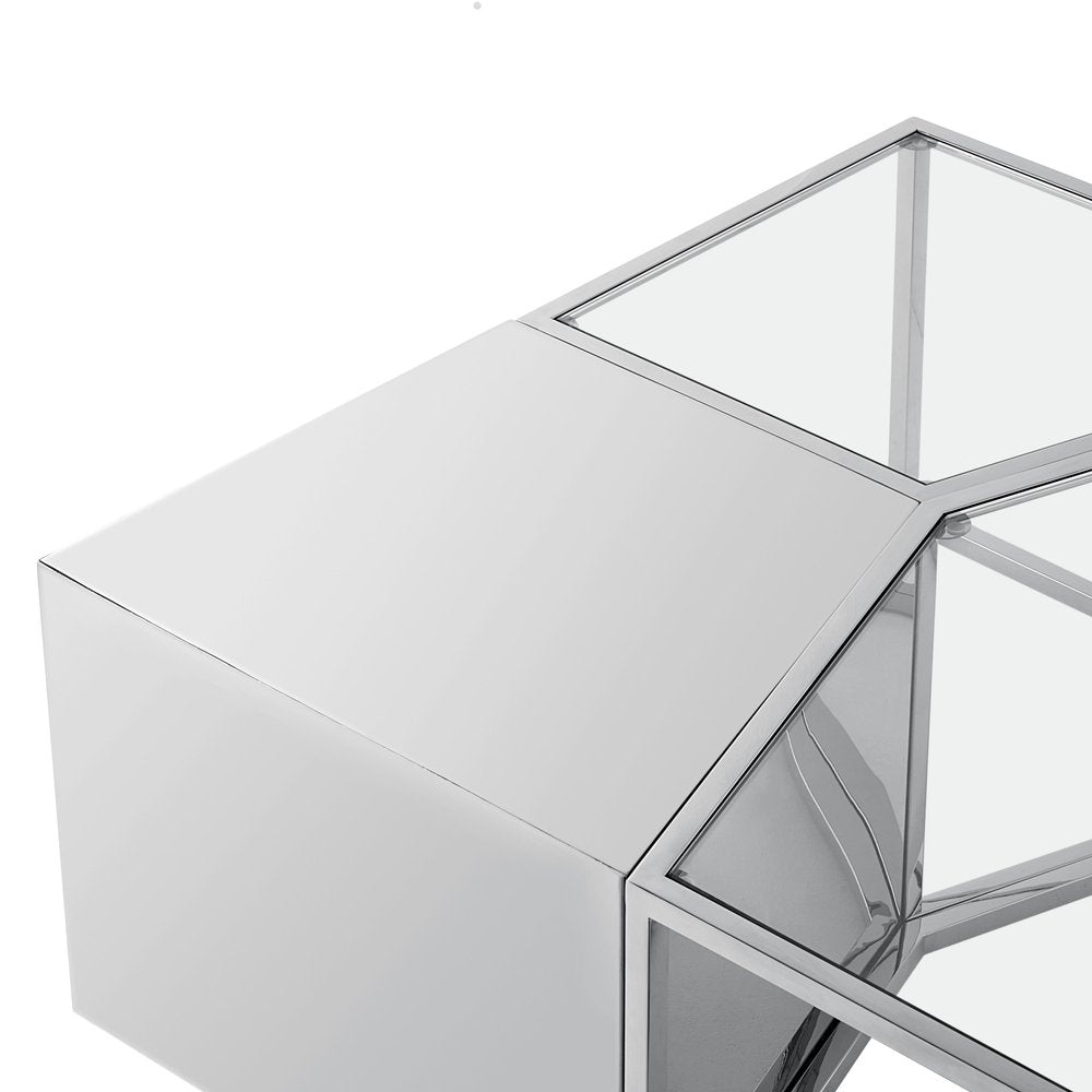 Set of Three 37 Clear and Gold Glass and Stainless Steel Square Mirrored Bunching Coffee Tables