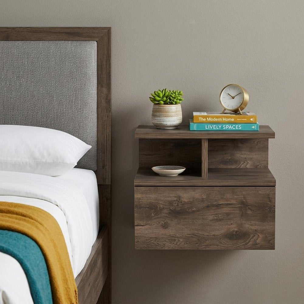 Brown Wood One Drawer Floating Nightstand - 14-inch