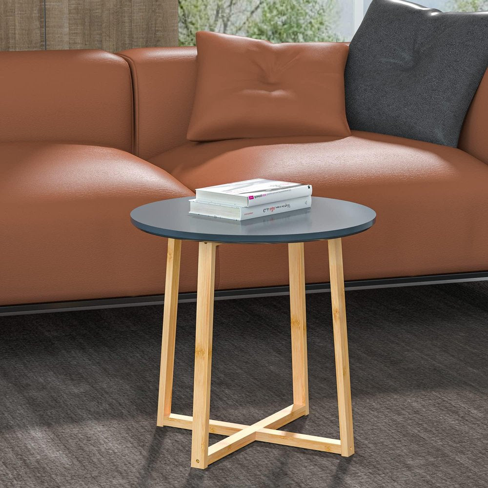 Gray and Natural Solid Wood Round Cross Legs End Table - 20-inch