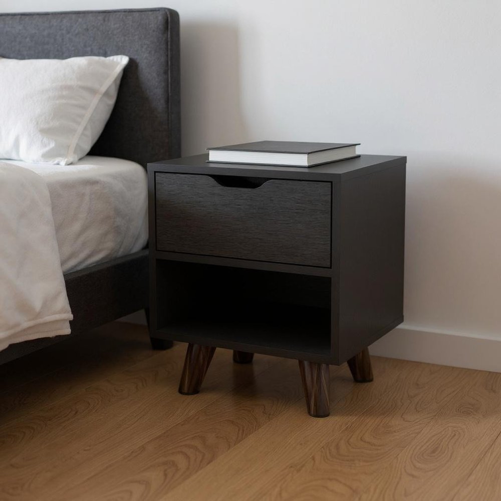 Black Wood One Drawer Nightstand - 19-inch
