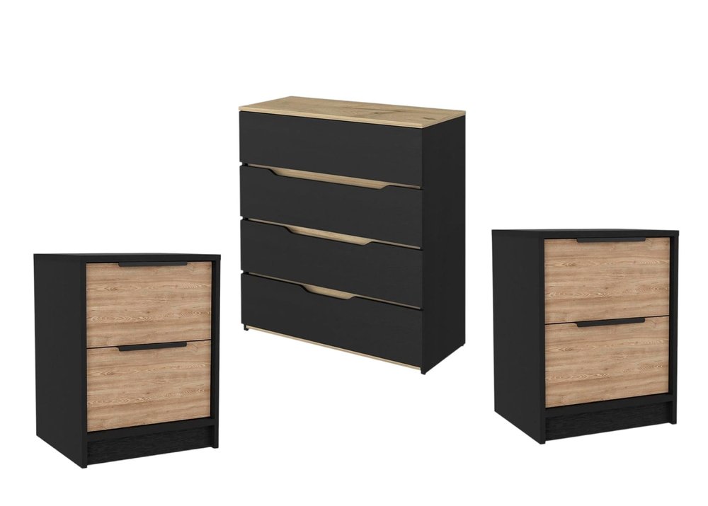 Three Piece Black Natural and Oak Bedroom Set