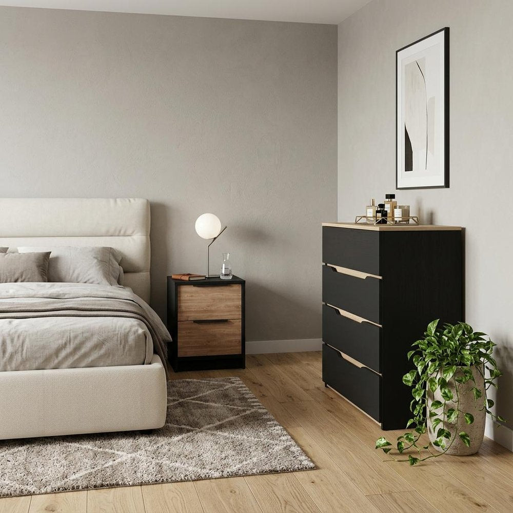 Two Piece Black Natural and Oak Bedroom Set