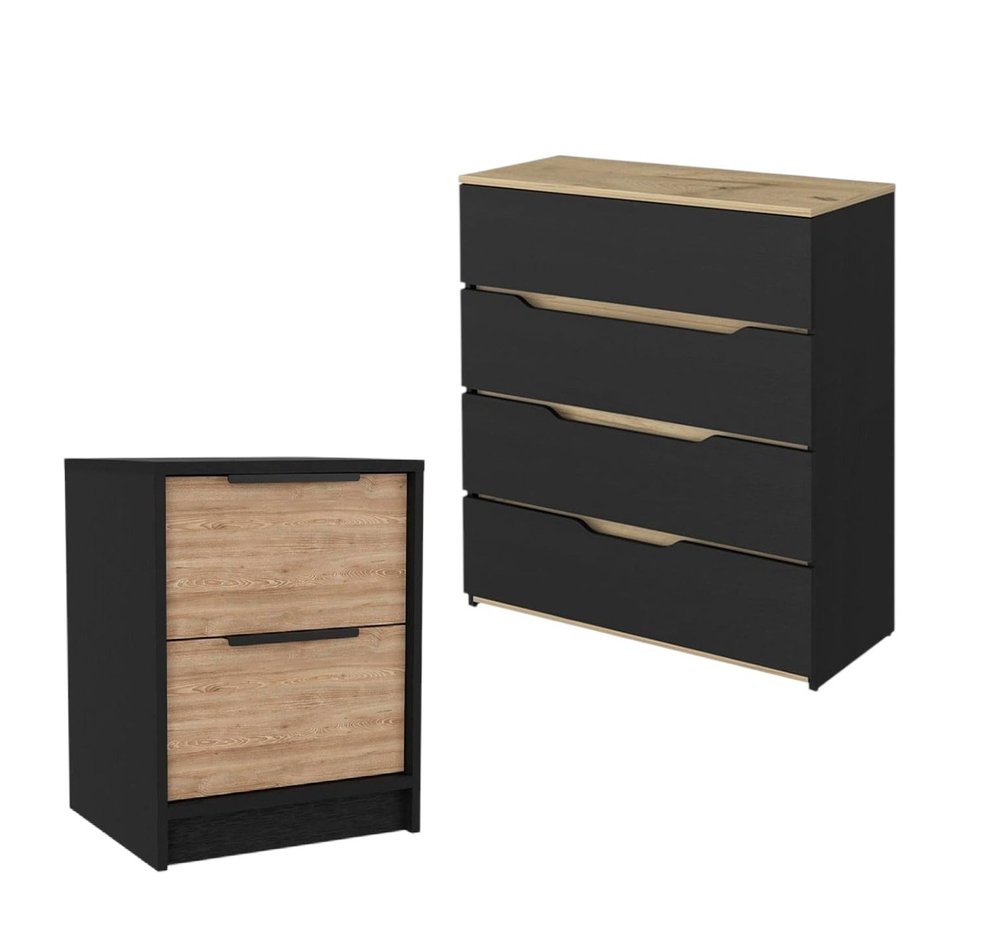Two Piece Black Natural and Oak Bedroom Set