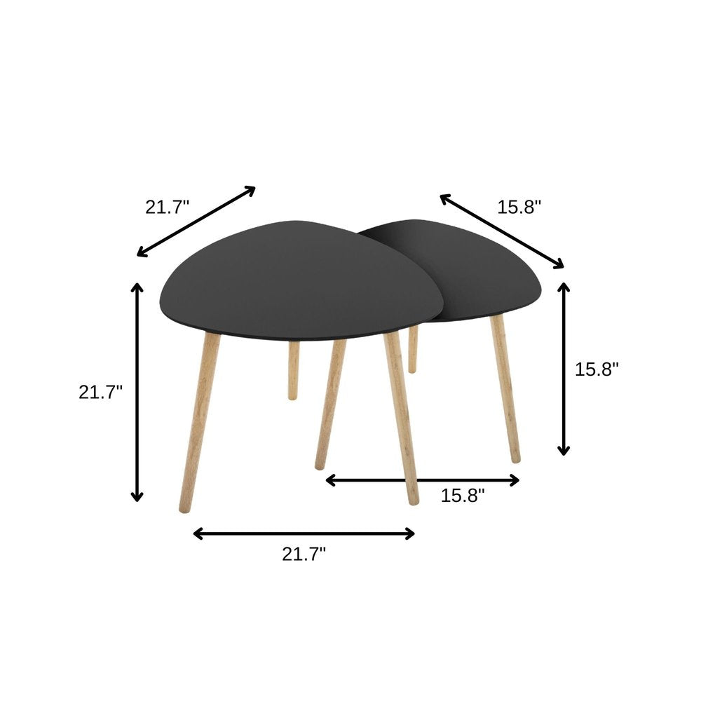 Set of Two Black and Natural Wood Triangular End Tables