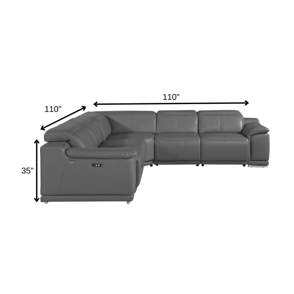 Gray Italian Leather Power Reclining U Shaped Five Piece Corner Sectional with Console