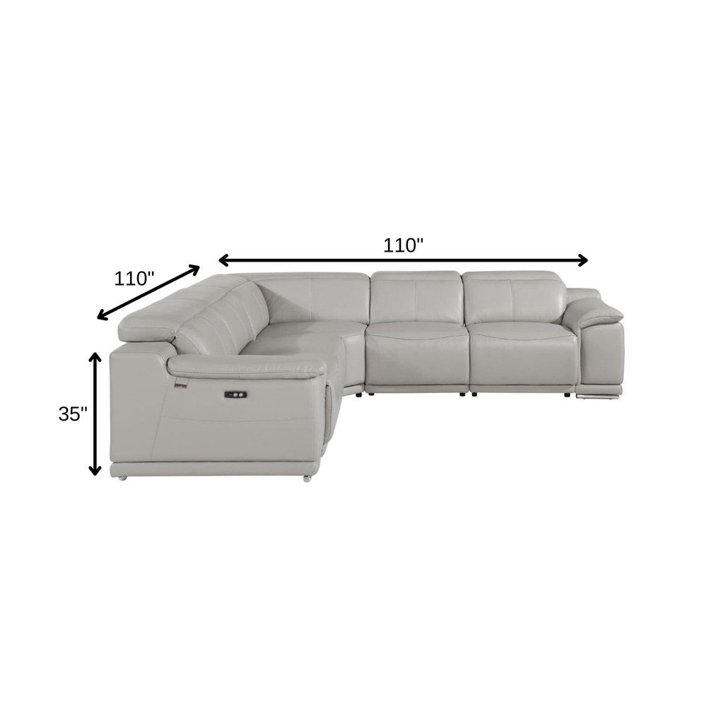 Light Gray Italian Leather Power Reclining U Shaped Five Piece Corner Sectional with Console