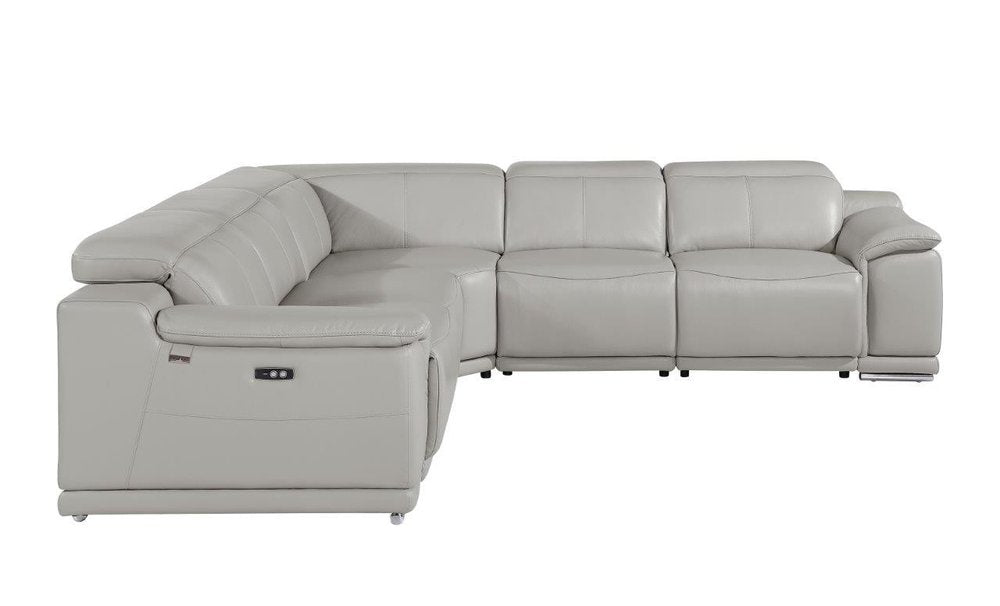 Light Gray Italian Leather Power Reclining U Shaped Five Piece Corner Sectional with Console