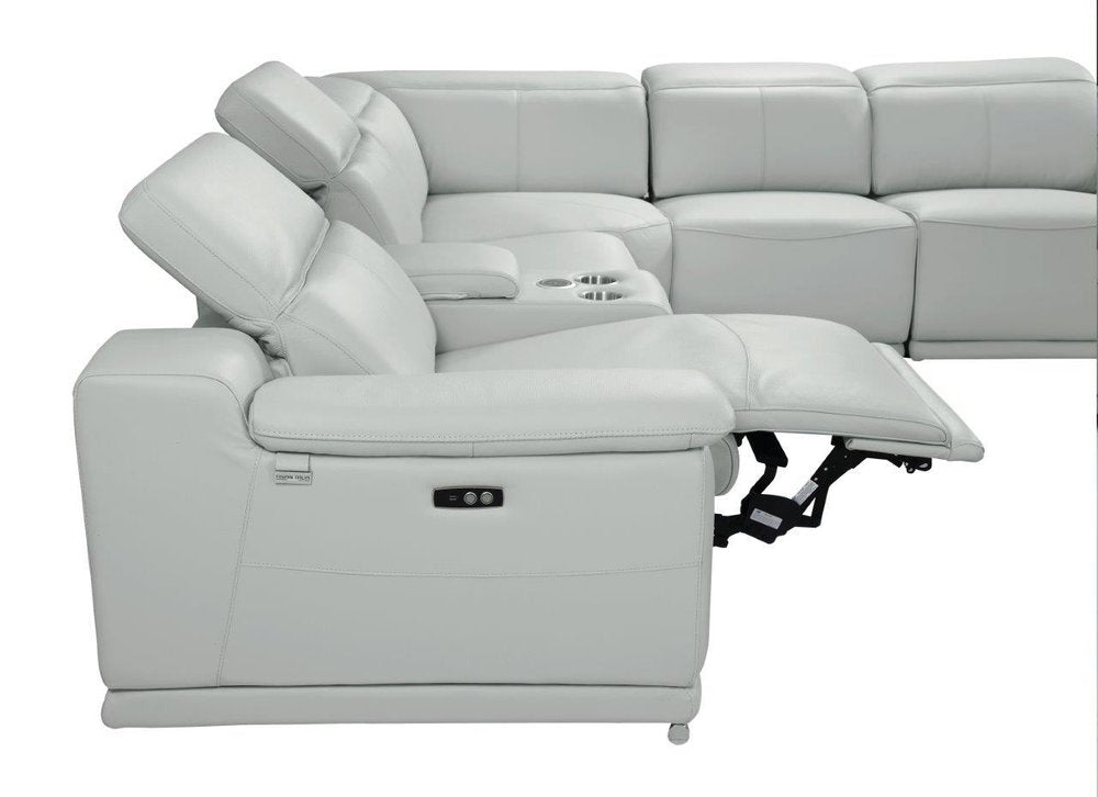 Light Gray Italian Leather Power Reclining U Shaped Five Piece Corner Sectional with Console