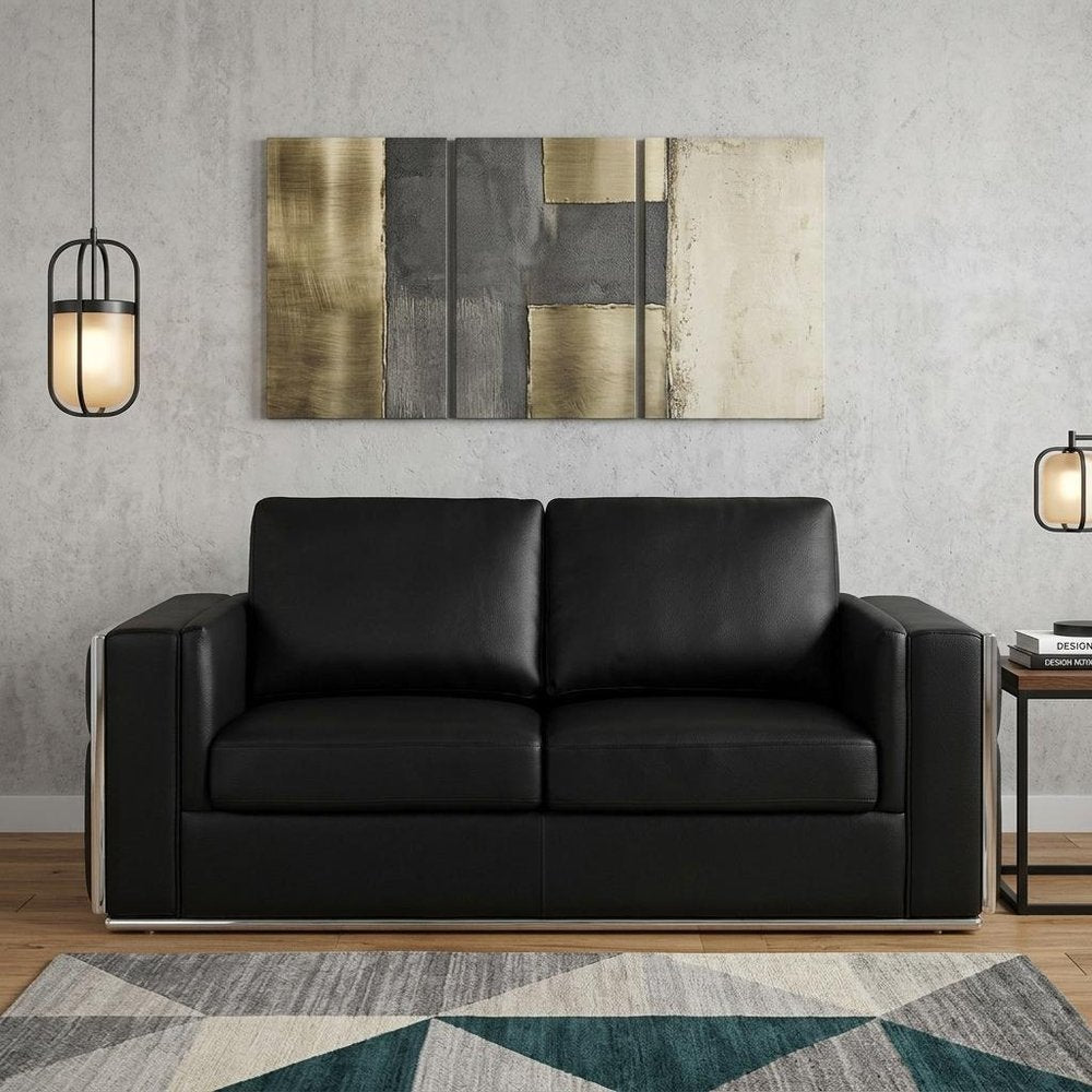 Black and Silver Metallic Top Grain Leather Loveseat - 73-inch