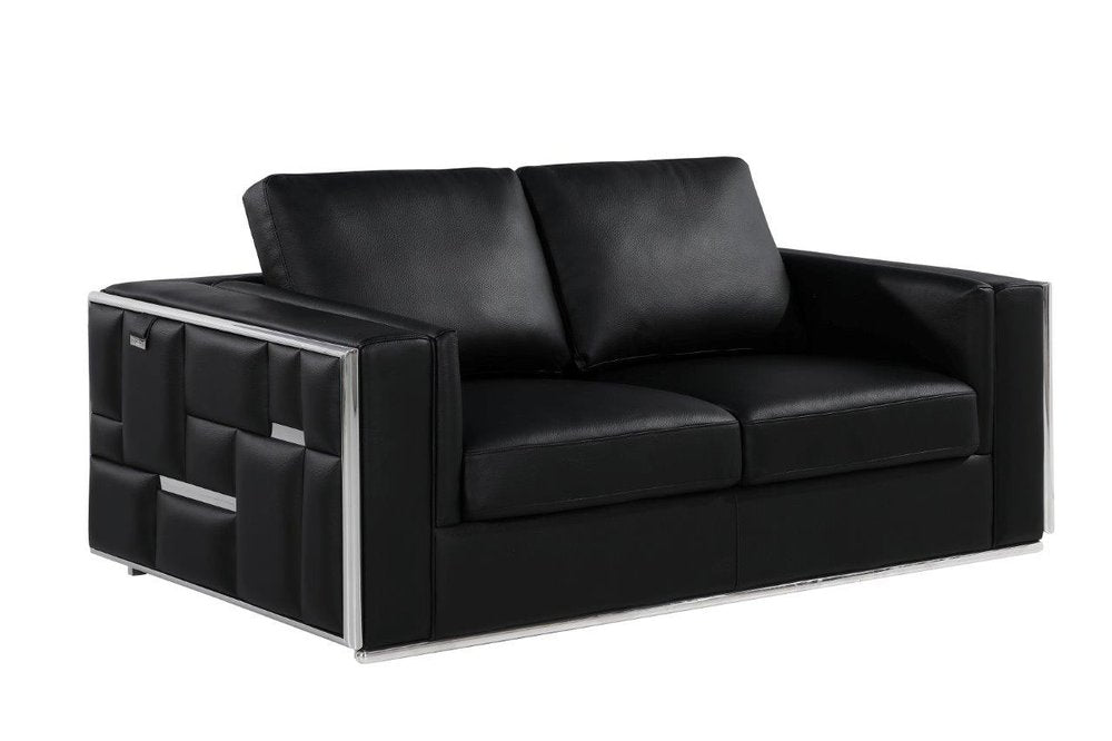 Black and Silver Metallic Top Grain Leather Loveseat - 73-inch