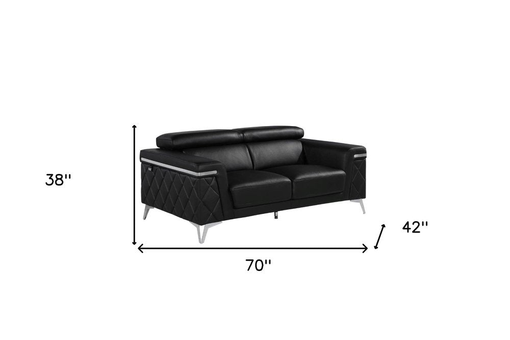 Black and Silver Metallic Top Grain Leather Loveseat - 70-inch